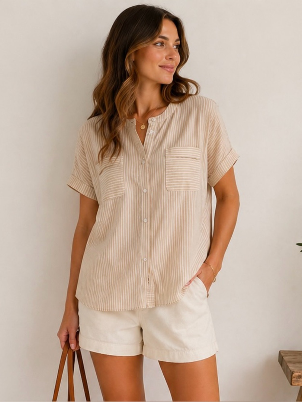 Jill Tan White‎ Striped Button Front Blouse Short Sleeve Relaxed Fit